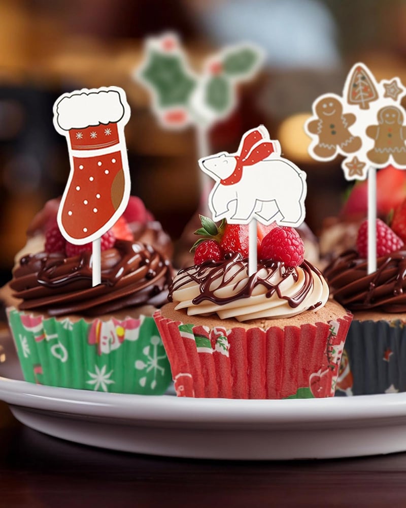 Bake Choice Standard 200 Pcs Christmas Cupcake Liners with 12 Pcs Cupcake Toppers, Christmas Muffin Liners, Baking Cups for Xmas Holiday Party Favors - Image 5